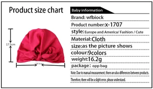 Detailed size chart for baby bunny ear knotted hat showing 17.5cm by 19.5cm dimensions