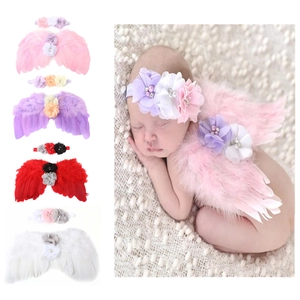 Newborn Baby Angel Wings And Chiffon Flower Headband Feather Wings Rhinestone Hair Band Photography Props Infants Girls