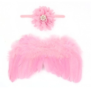 Newborn baby photography prop set with pink feather wings and flower rhinestone headband
