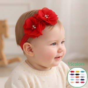 Bandeau Bébé Fille avec Fleurs en Mousseline et Détails en Strass et Künstliche Perles Bandeau Élastique pour Nourrissons