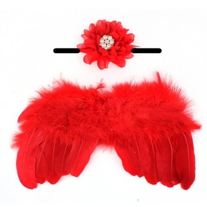 Red feather angel wings and flower headband set for newborn baby photography props