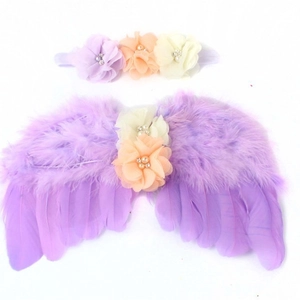 Infant photography prop set featuring purple feather wings and floral rhinestone headband
