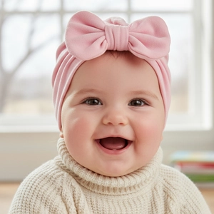 Close-up of soft pink baby turban hat featuring a large knot bow and comfortable cotton fabric