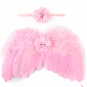 Ensemble photo bébé avec ailes d'ange en plumes roses et bandeau fleur en strass
