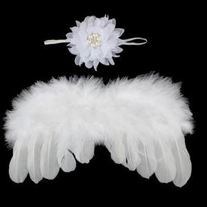 White feather angel wings and chiffon flower headband set for newborn photography props