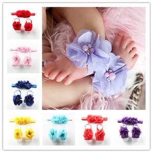Baby Chiffon Flower Headband And Barefoot Sandals Artificial Pearl Rhinestone Infants Toddlers Floral Hair Band Feet Flowers Accessory
