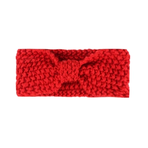 Close-up of red knitted baby headband with a bohemian knot design and warm wool texture