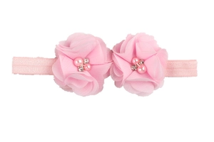 Détail de fleurs en mousseline rose avec perles et strass sur un bandeau pour bébé