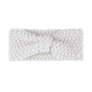 Close-up of white chunky knit baby headband with a central knot and soft wool texture