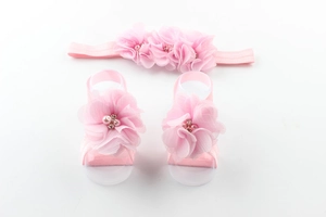 Pink chiffon flower baby headband and barefoot sandals set with pearls and rhinestones