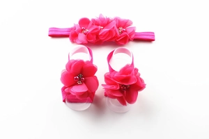 Chiffon rose baby headband and barefoot sandals set with rhinestones and pearls
