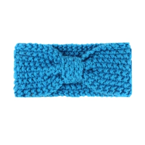 Detailed view of the blue cable-knit texture and bow knot design on winter baby headband