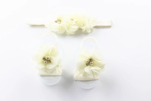 Detail of baby headband and barefoot sandals set with chiffon flowers and pearls