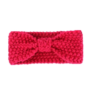 Close-up of rose red chunky knit bow headband for babies with thick wool texture