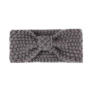 Close-up of dark grey knitted baby headband showing thick crochet texture and knot detail