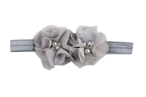 Détail de fleurs en mousseline grise avec perles et strass sur bandeau pour bébé