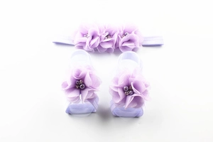 Three-piece set of purple chiffon flower headband and barefoot sandals for baby girls