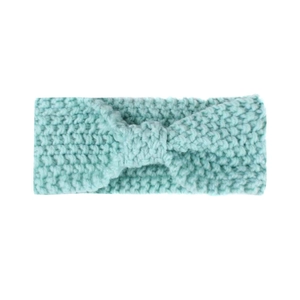 Close-up of mint green chunky knit baby headband with a twisted knot design for winter