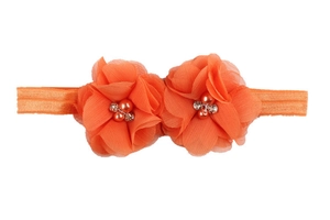 Détail des fleurs en mousseline orange avec perles et strass sur le bandeau pour bébé