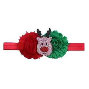 Fascia natalizia per neonati con fiori in chiffon rosso e verde e renna con paillettes