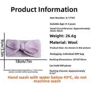 Tabella taglie per fascia neonato in maglia lavanda con misure 36-40cm e istruzioni di cura