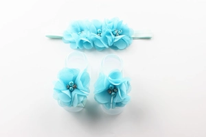 Close-up of light blue chiffon flowers with pearls and rhinestones on baby headband set