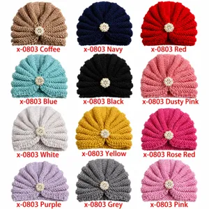Detail of 12 colors baby turban hats with pearl rhinestone flower clusters and pleated design