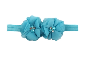Détail du bandeau fleur en mousseline bleu clair avec perles et strass pour enfants