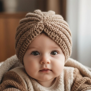 Detail van de gebreide baby muts met zachte ribbeltextuur en gedraaid bohemien ontwerp