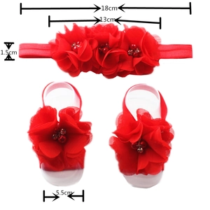 Baby red chiffon flower headband and barefoot sandals set with size measurements