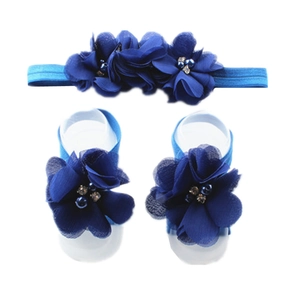 Royal blue chiffon flower baby headband and barefoot sandals set with rhinestones