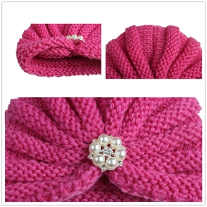 Rose red knitted baby beanie with faux pearl and rhinestone flower decoration