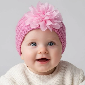 Détail d'un bonnet en tricot rose pour bébé avec une grande fleur en mousseline douce