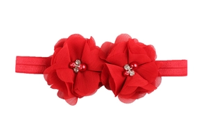 Bandeau bébé rouge avec deux fleurs en mousseline et strass sur bande élastique