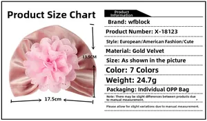 Tableau des tailles détaillé pour bonnet turban bébé en velours rose avec fleur dentelle