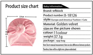 Guide des tailles et détails pour bonnet turban bébé en velours doré rose à nœud