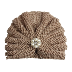 Solid color baby knit beanie with elegant pearl and rhinestone flower decoration