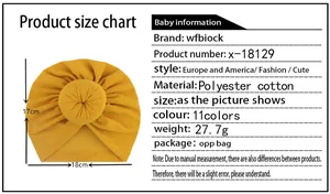 Size chart for baby turban hat showing 18cm width and 17cm height in soft polyester cotton