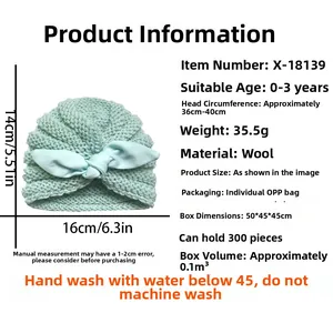 Detail specifications for light green knitted baby hat with soft bow and size dimensions