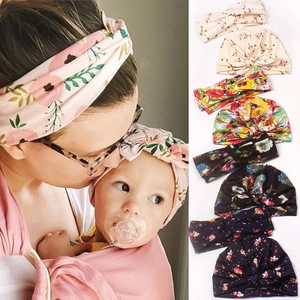 Set di Cappello Turbante e Fascia per Neonati Stampa Floreale Fiocco Nodo Morbido Cotone Poliestere Copricapo per Bambini