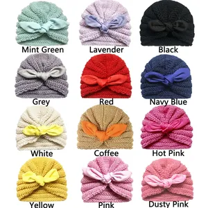 Grid display of baby knitted turban hats in 12 colors with cute bunny ear knots