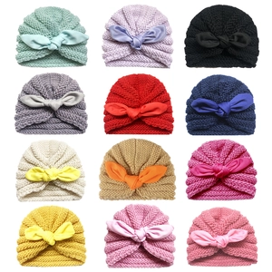 Knitted baby turban hats with cute rabbit ear knots in 12 various colors for autumn and winter