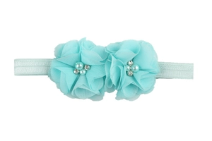 Bandeau bébé bleu clair avec double fleurs en mousseline et détails perles et strass