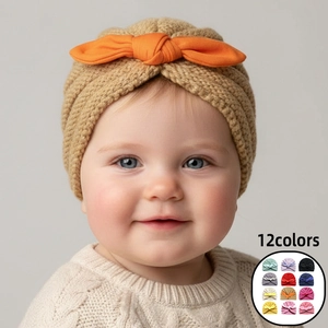 Baby Girl Winter Warm Polyester Knit Turban Hat With Cute Rabbit Ears Bow Soft Toddler Beanie Cap For Infants Headwear