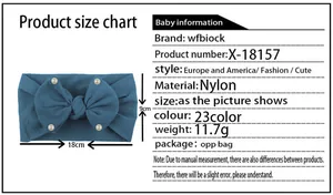 Detailed size chart for baby nylon headbands with 18cm length and pearl bow accent