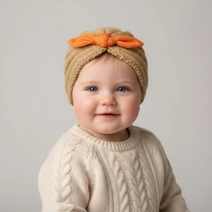 Detail of baby turban hat showing khaki knit texture and vibrant orange bow decoration