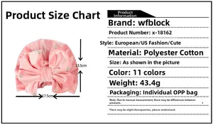 Size chart for velvet baby turban hat with pearls, 17.5x13.5cm dimensions and details