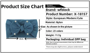 Detailed size chart showing an 18x9cm blue nylon bow headband decorated with white pearls