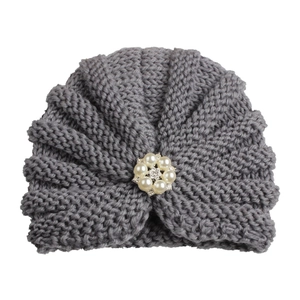 Gray knitted baby turban hat with a faux pearl and rhinestone floral decoration