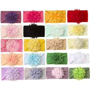 Detailed grid view of 20 assorted colors of stretchy nylon baby flower headbands